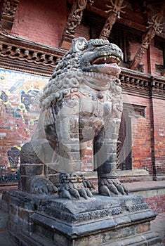 Ancient statue of Lion at Durbar Square in Patan, Nepal