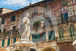 Ancient Statue of Madonna Verona on Piazza delle Erbe, Italy