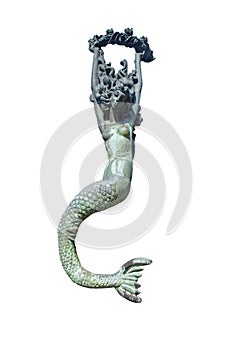 Ancient statue of Mermaid mermaid holding a wreath of  flowers. Isolated on wwhite background