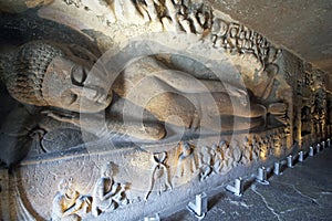 Ancient Statue of Reclining Buddha at Ajanta Caves, India