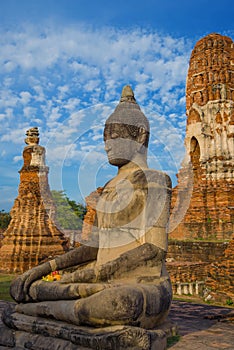 Ancient statue of a sitting Buddha. Ayutthaya, Thailand