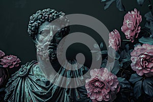 Ancient statue surrounded by vibrant flowers photo