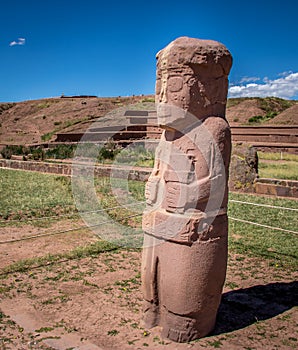 Ancient statue at Tiwanaku Tiahuanaco, Pre-Columbian archaeological site - La Paz, Bolivia