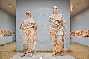 Ancient statues from Halikarnassos Mausoleum in British museum, London, UK