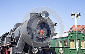 Ancient steam locomotive, Moscow museum of railway in Russia, Rizhsky railway station