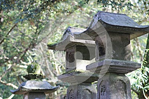 an ancient stone anterns covered in moss. Nara, Japan