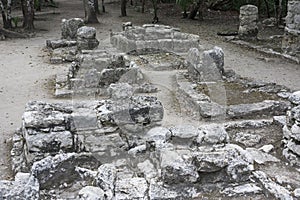 Ancient stone architecture relics at Coba Mayan Ruins, Mexico