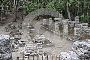 Ancient stone architecture relics at Coba Mayan Ruins, Mexico