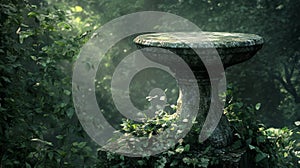 Ancient Stone Bowl in a Lush Green Forest