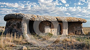 Ancient stone building in a grassy field under a clear sky