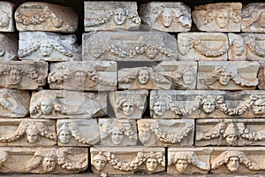 Ancient stone carved frieze of Portico of Tiberius in Aphrodisias, Turkey