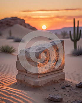 Ancient Stone Carving Rests In Desert Sunset