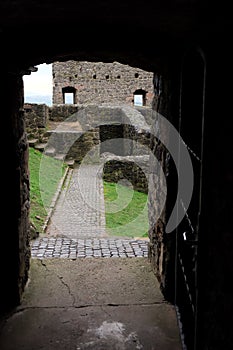 Ancient stone castle through the doorway