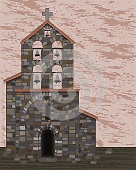Ancient stone church with bells and arched entrance in visigoth styles, vector