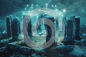 Ancient stone circle reimagined as a decentralized computing network each monolith a server in a powerful and mystical blockch