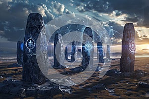 Ancient stone circle reimagined as a decentralized computing network each monolith a server in a powerful and mystical blockch