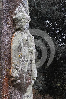 Ancient stone column of Saint James on tree background. Patron of pilgrims. Symbol of Camino de Santiago the way of Saint Jacob.