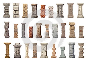 Ancient stone columns. Isolated pillars, stones piles. Cartoon medieval totems or wall elements, decorative tombstones