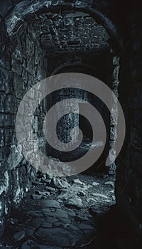 Ancient Stone Corridor. Medieval Tunnel Interior with Stone Textures