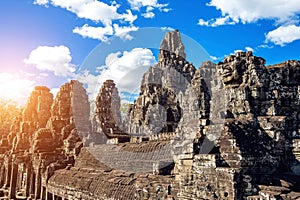 Ancient stone faces of Bayon temple, Angkor Wat, Siam Reap.