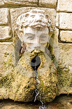 Ancient stone fountain. Fountain with head of man