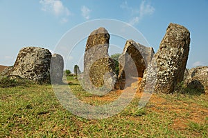 Ancient stone jars in a Plain of Jars Site #1 near Phonsavan, Xienghouang province, Laos.