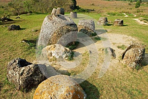 Ancient stone jars in a Plain of Jars Site #1 near Phonsavan, Xienghouang province, Laos.