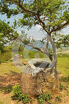 Ancient stone jars in a Plain of Jars Site #2 near Phonsavan, Xienghouang province, Laos.