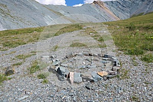 Ancient stone labyrinth. Yarloo mountain valley with stone monuments. Altai mountains. Siberia. Russia