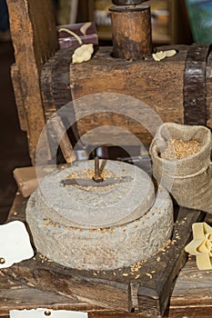 Ancient Stone Mill: Manual Grinder Wheel with Crank and Wooden Press for Pasta