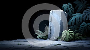 Ancient stone monument surrounded by lush greenery dark background