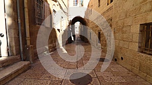 An ancient stone-paved alley in the Jewish Quarter of the Old City of Jerusalem,