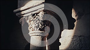 Ancient Stone Pillar Carving Illuminated by Dramatic Sunlight and Shadows