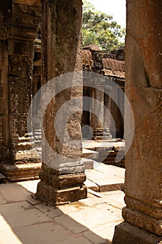 Ancient stone pillars at the Cambodian temple Ta Prom