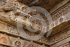 Ancient stone relief in Ajanta caves, India. The Ajanta Caves in Maharashtra state are Buddhist caves