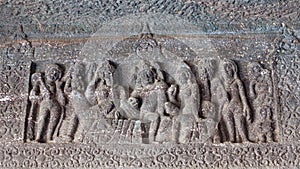 Ancient stone reliefs in Ajanta caves, India