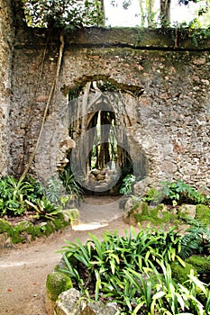 Ancient stone ruins in a leafy garden of Sintra