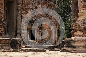 Ancient stone ruins of Preah Koh temple, Roluos, Cambodia. Old sandstone building. Archaeological site.