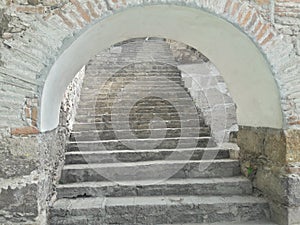 Ancient Stone Rustic White Brick Staircase Archway Tunnel Opening, Old Rustic Texture, Climbing Elevation