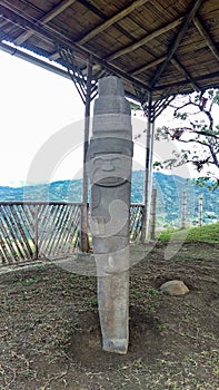 An ancient stone sculpture. This is knowed as a `doble yo` or `double me` an is fond at Colombian San Agustin archaeological park