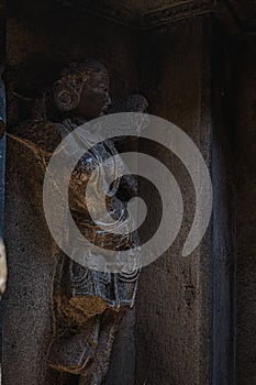 Ancient stone sculpture on the wall of Bhuleshwar temple at Yavat Maharashtra, India.