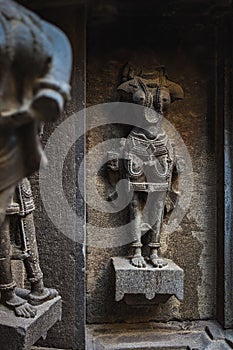 Ancient stone sculpture on the wall of Bhuleshwar temple at Yavat Maharashtra, India.