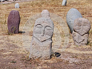 Ancient stone sculptures near the Burana Tower in Kyrgyzstan