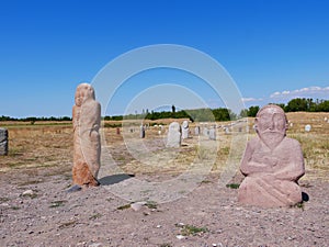 Ancient stone sculptures near the Burana Tower in Kyrgyzstan