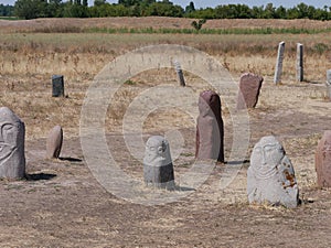 Ancient stone sculptures near the Burana Tower in Kyrgyzstan