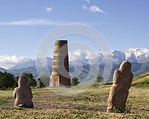 Ancient stone sculptures near Old Burana tower located on famous