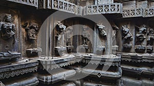 Ancient stone sculptures on the wall of Bhuleshwar temple at Yavat Maharashtra, India.