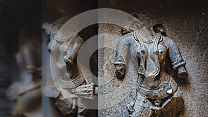 Ancient stone sculptures on the wall of Bhuleshwar temple at Yavat Maharashtra, India.