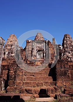 Ancient stone staircase. Sandstone steps. The ruins of eastern Mebon