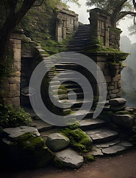 An ancient stone staircase, weathered by time and the elements, leading to a mysterious outdoor destination.